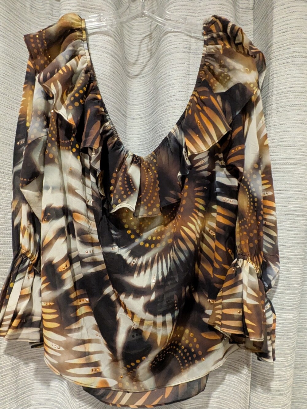 St. John Couture Vintage Ruffled V-Neck Women's Blouse in Brown Multi